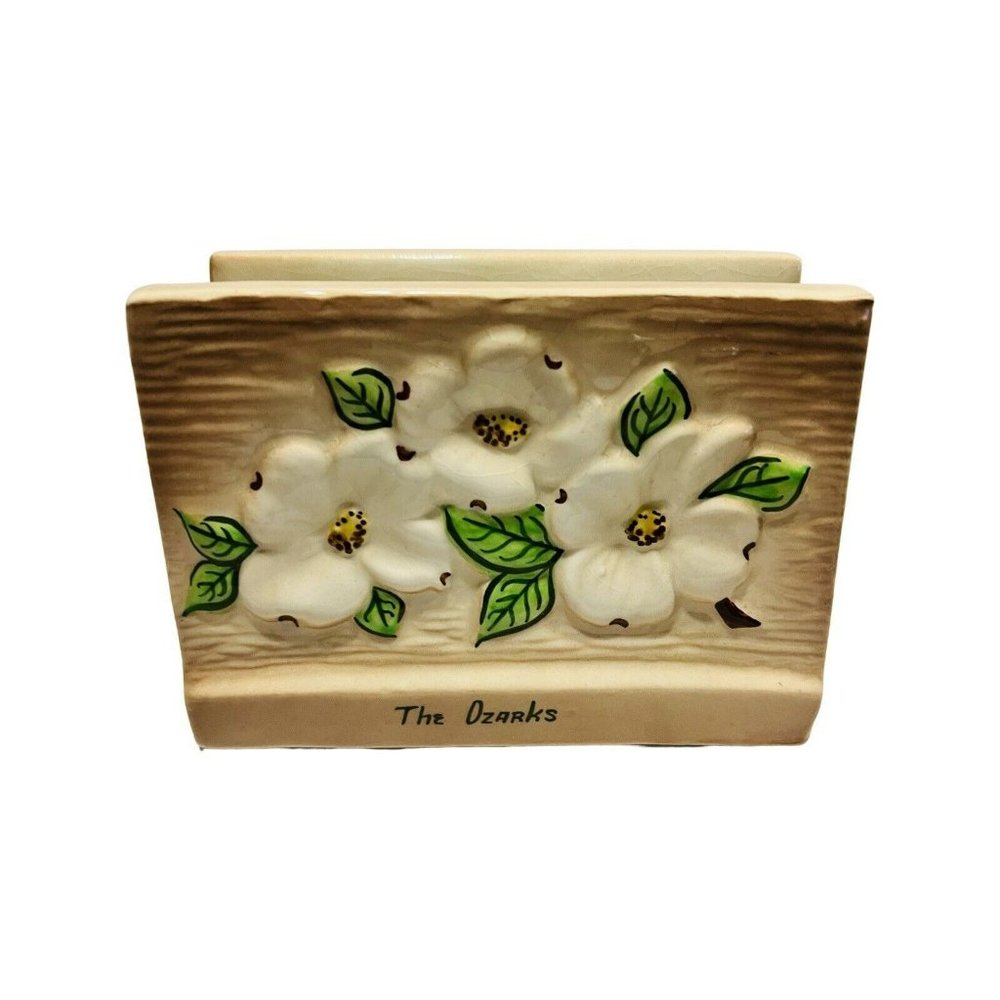 vintage 70s mid century Ozarks ceramic floral Kitchen napkin holder Souvenir